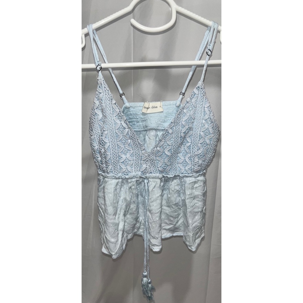 Ocean Drive Lace Trim Swiss Dot Cami Boho Tassel Peplum Top Light Blue Small